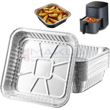 Load image into Gallery viewer, 20cm Square Disposable Aluminium Trays Air Fryer Liners - 8 inch Foil Pans for Prepping, Cooking, Roasting, Baking Food.
