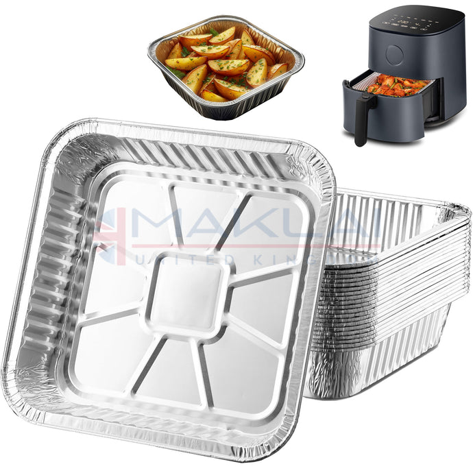 20cm Square Disposable Aluminium Trays Air Fryer Liners - 8 inch Foil Pans for Prepping, Cooking, Roasting, Baking Food.