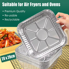 Load image into Gallery viewer, 20cm Square Disposable Aluminium Trays Air Fryer Liners - 8 inch Foil Pans for Prepping, Cooking, Roasting, Baking Food.
