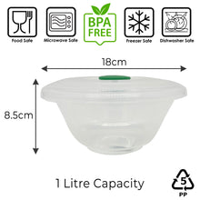 Load image into Gallery viewer, 15cm Plastic Bowls with Lids 1 Litre, BPA Free. Microwave Container, Dishwasher and Freezer Safe
