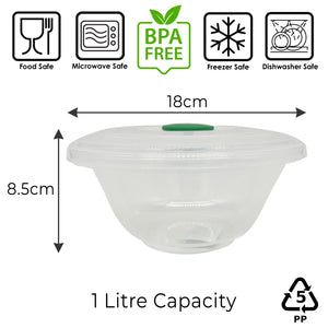 15cm Plastic Bowls with Lids 1 Litre, BPA Free. Microwave Container, Dishwasher and Freezer Safe