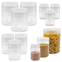 Load image into Gallery viewer, Plastic Spice Jars with Spoons. Premium Clear Storage Containers with Screw Top Lids, Multi-Purpose Kitchen Food Jar Set
