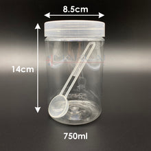 Load image into Gallery viewer, Plastic Spice Jars with Spoons. Premium Clear Storage Containers with Screw Top Lids, Multi-Purpose Kitchen Food Jar Set
