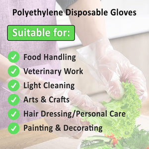 Multipurpose Food Grade Disposable Poly Gloves HDPE, Latex-Free, Powder-Free, Ideal for Food Handling, Cleaning, Hairdressing, etc